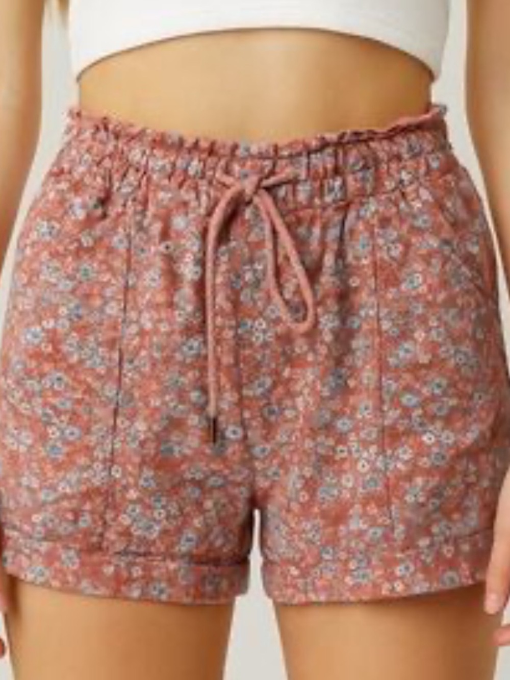 Rewind High-Waist Floral Drawstring Shorts — Rose Rust